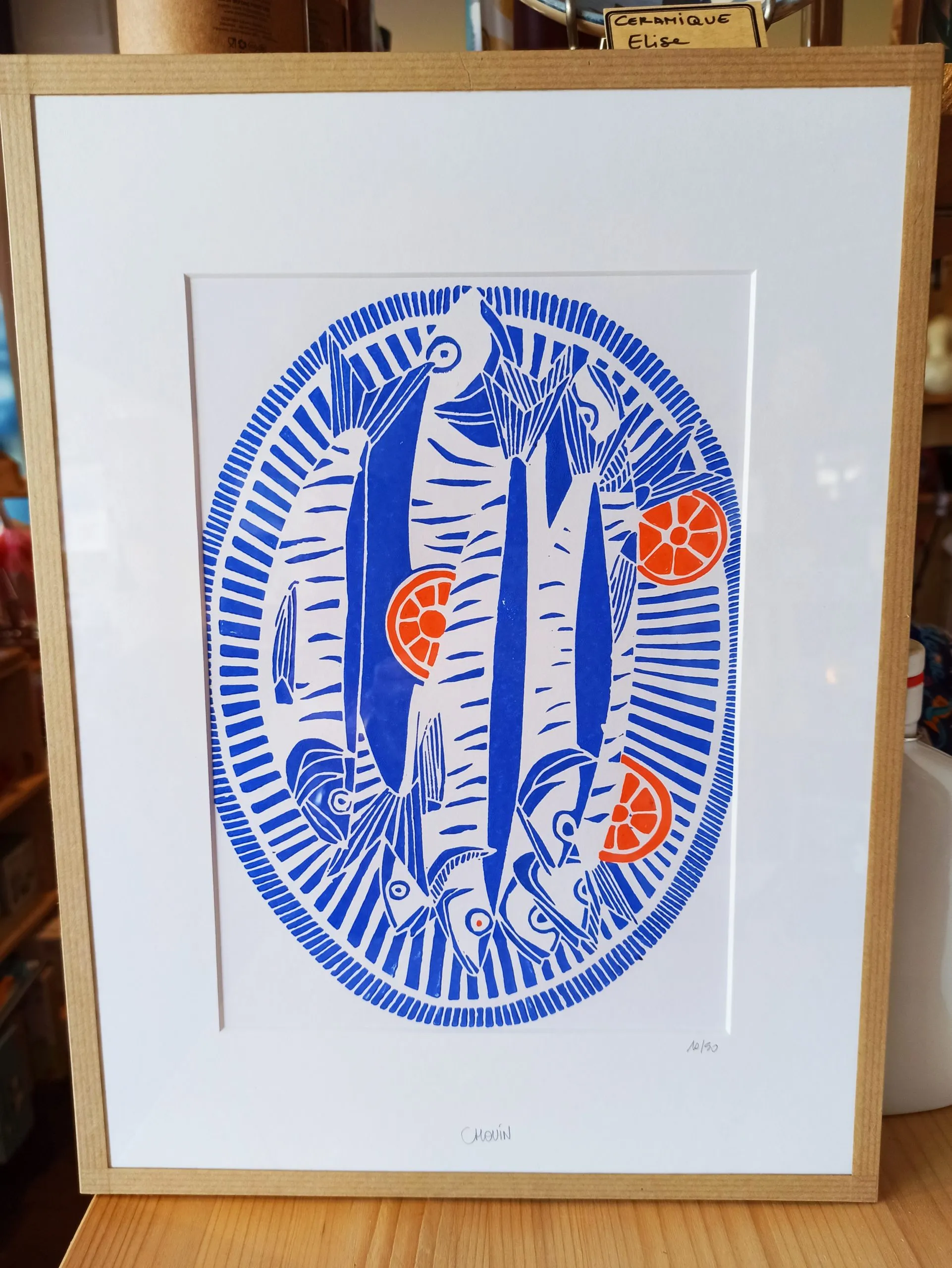 Linogravure “Les maquereaux à l’orange”